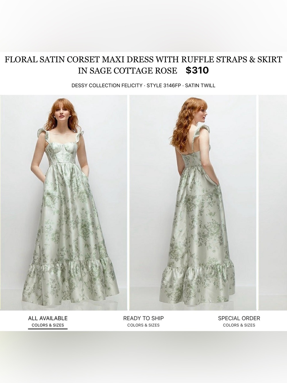 Dessy Collection Satin Floral Corset Maxi Dress in Sage Cottage Rose